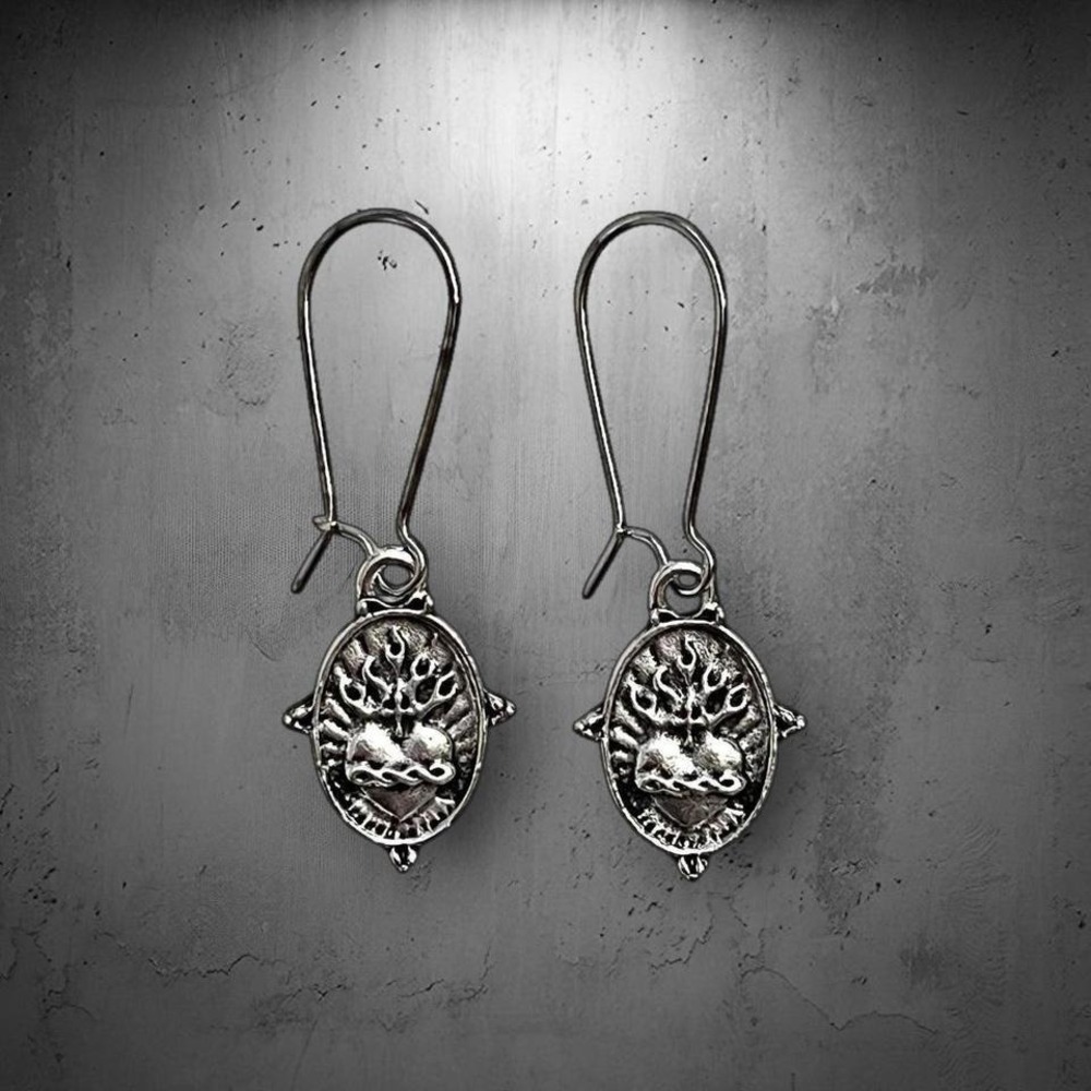 Antique Silvery Heart of Jesus Flame Cross Dangle Earrings